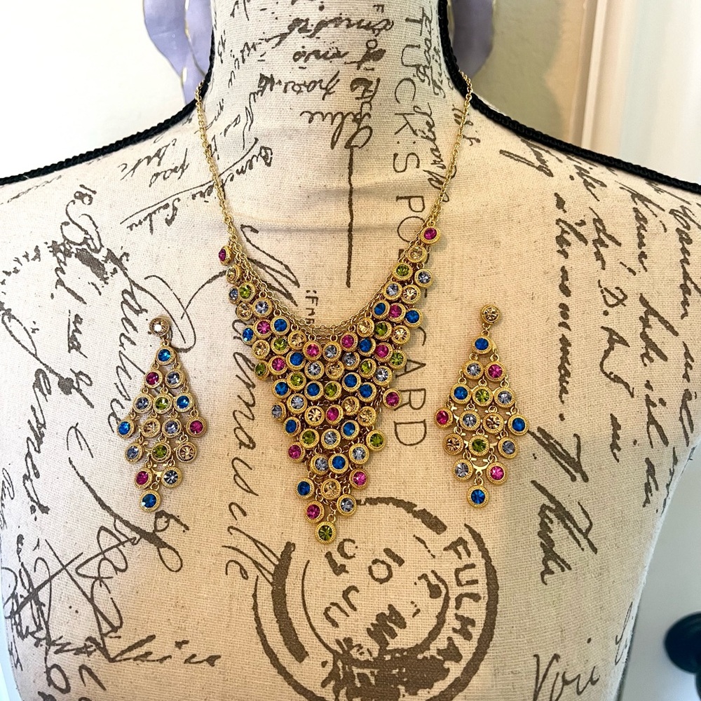 Bollywood inspired Gold Tone Necklace and Chandelier Earring Set